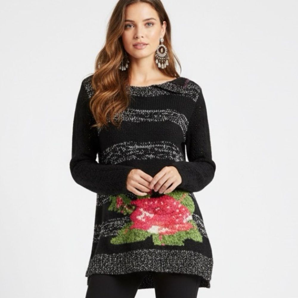 Aratta Silent Journey NWT Black & Red Floral Tunic Sweater Size Medium (fits L)
